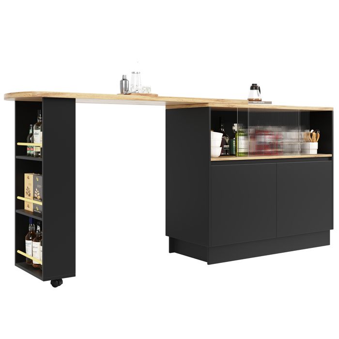 Table-bar rotative 360° - 90×45×100 cm - Noir mat - Porte coulissante verre - Rangement multifonctionnel