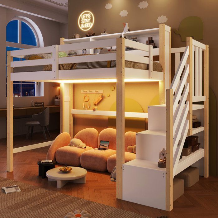 Lit mezzanine enfant 90x200 cm avec éclairage LED escalier de rangement étagères garde-corps - pin et MDF - blanc et naturel
