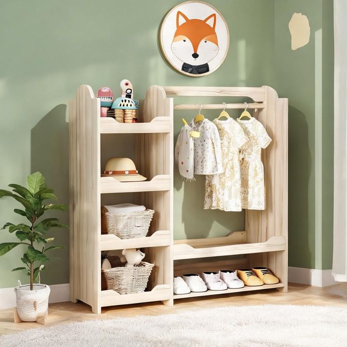 Armoire garde-robe enfant en bois naturel avec penderie et 4 étagères 110x39x110 cm style scandinave