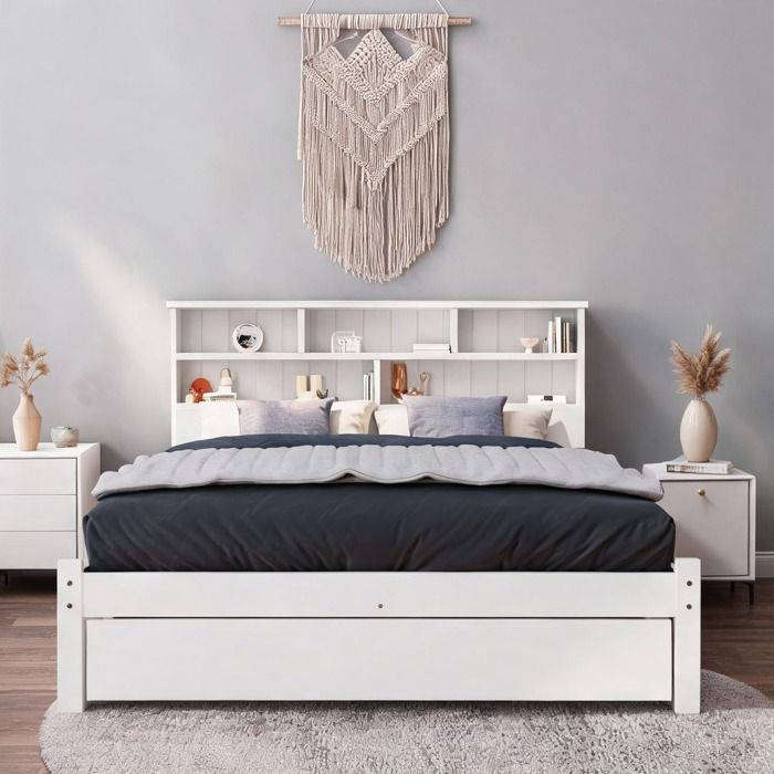 Lit double 140x200 cm en bois massif blanc avec tête de lit bibliothèque et tiroirs de rangement