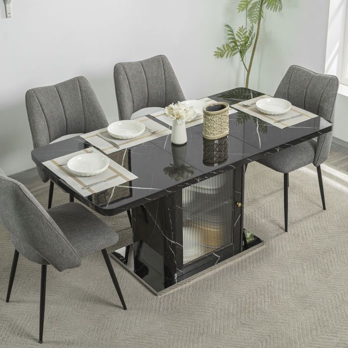 Table de salle à manger extensible 4 à 6 personnes avec meuble de rangement et portes en verre - MEUNIQ - Noir 120×80×76 cm