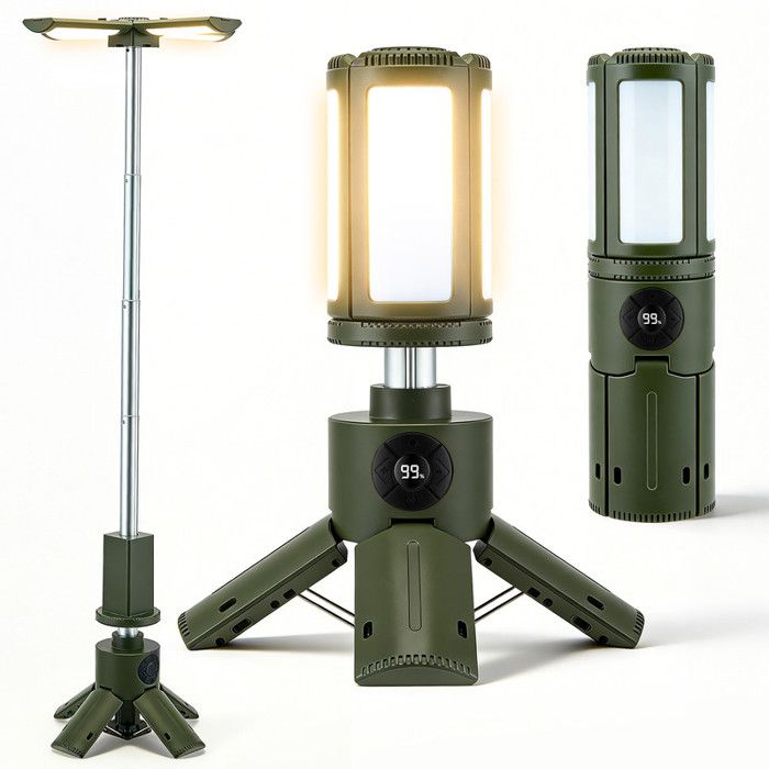 Lampe de camping télescopique LED 8000mAh rechargeable 4 modes couleur 11 niveaux dimmable 4 panneaux rotatifs 360°