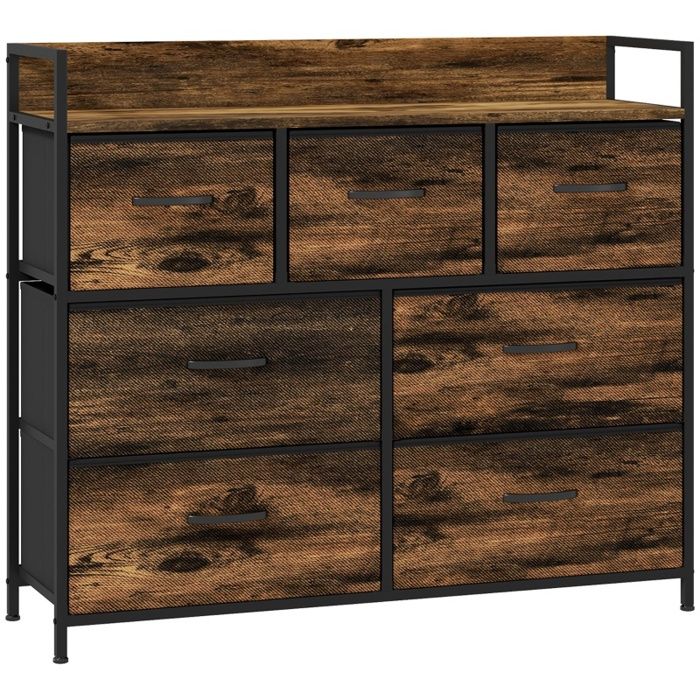 Commode Chiffonnier - 98x85x29cm - Meuble de Rangement Style Industriel avec 7 Tiroirs en Tissu et Kit Anti-Basculement - Marron