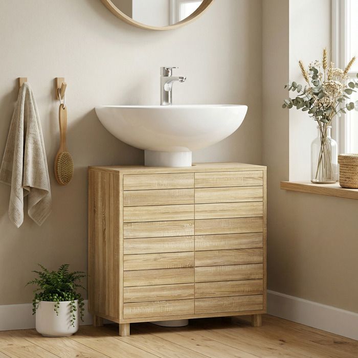 Meuble sous-lavabo avec étagère réglable portes à lattes et ouverture par pression pour lavabo sur pied ou mural