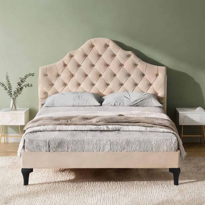 Lit capitonné en velours beige 140x190 cm avec tête de lit réglable et sommier à lattes