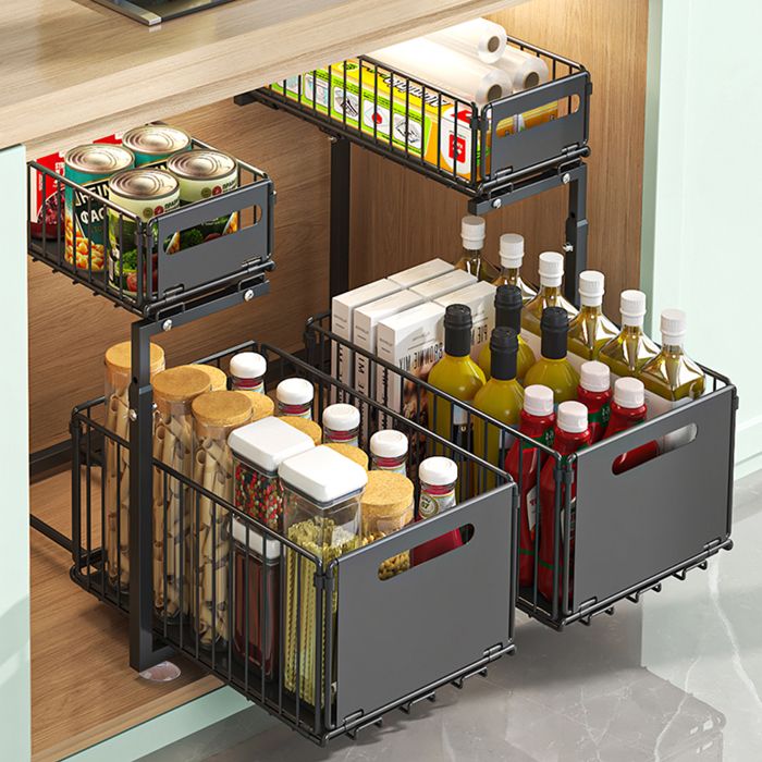 Rangement sous évier métal 2 étages coulissant panier multifonction cuisine pour épicerie bouteilles conserves pâtes