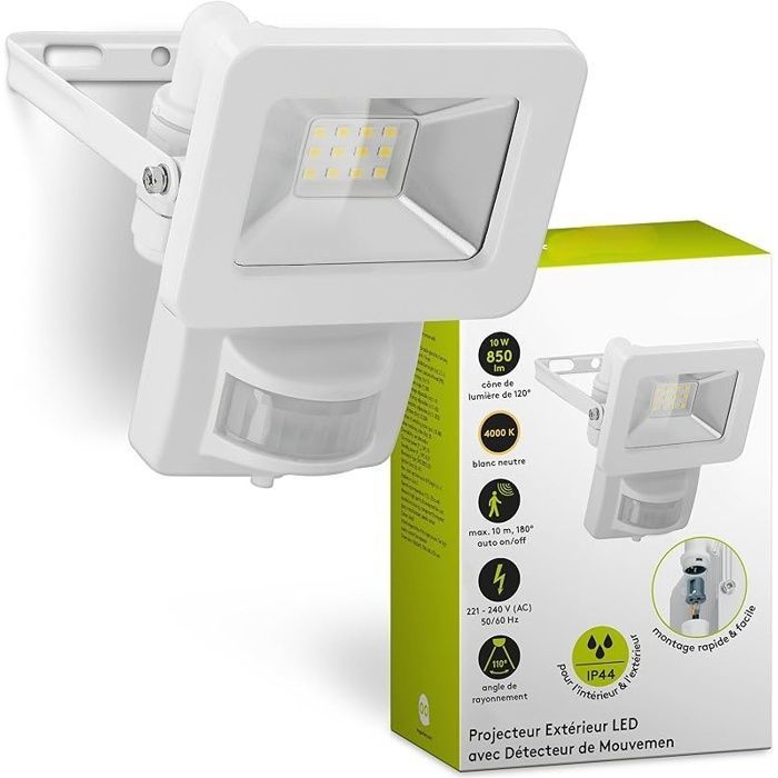 Projecteur LED avec détecteur de mouvement Projecteur LED de 10 W Lumière blanc neutre 4000 K 850 lm Angle déclairage 100 degrés