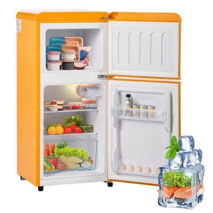 Norevia Réfrigérateur rétro jaune 60L double porte avec congélateur 22L pose libre silencieux 45dB