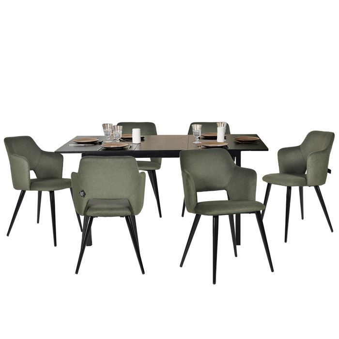 MEUBLES COSY Ensemble table à manger extensible noire et 6 fauteuils en tissu vert de style scandinave