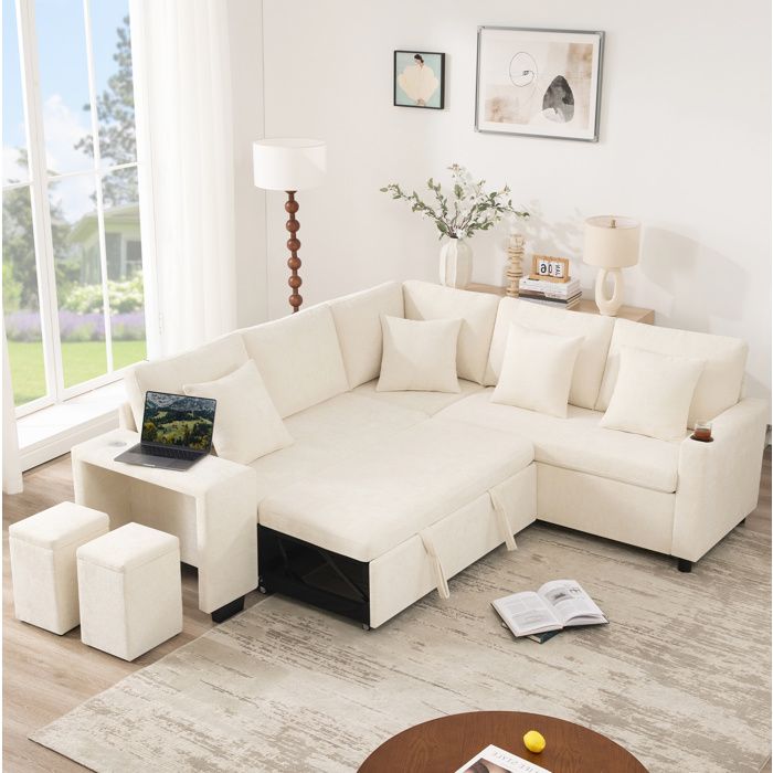 Canapé dangle convertible 5 places en chenille beige avec méridienne réversible rangement USB USB-C et pouf