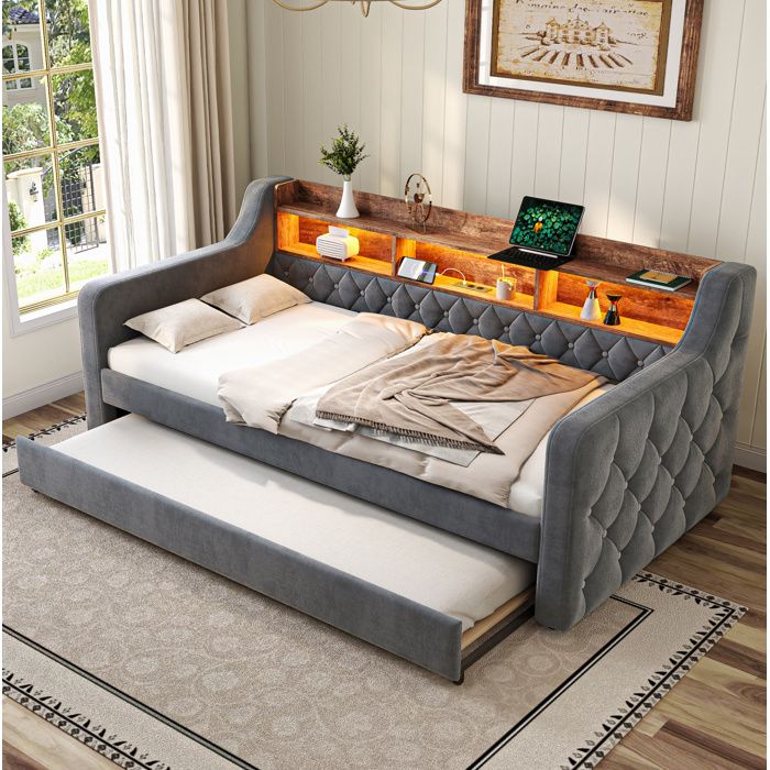 Lit gigogne Simple 90×190 cm LED réglable USB Type-C et étagère - TCQPZ - sans matelas velours - gris foncé
