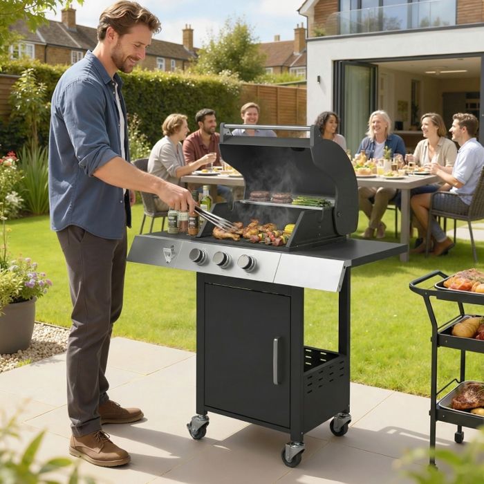 Barbecue à Gaz 3 Brûleurs 81 kW avec Thermomètre Grilles Fonte Tables Latérales Armoire et Roues – Noir 109x50x109 cm