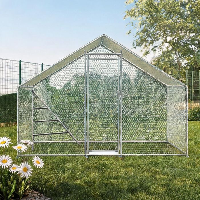 Enclos poulailler métal 3x2 m avec toit et bâche classique white volière sécurisée pour petits animaux