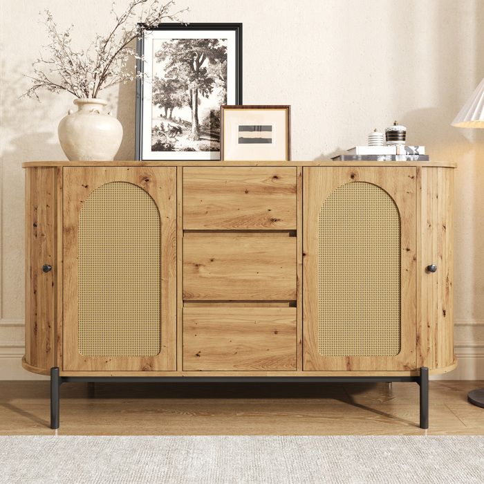 MEUBLIV Buffet ovale 140 cm aspect bois naturel avec rotin 2 portes 3 tiroirs et étagères réglables