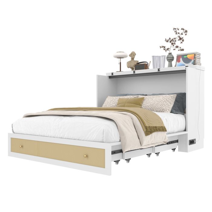 Lit armoire convertible 140 x 200 cm blanc avec tiroir étagère en tête de lit USB et prise sans matelas