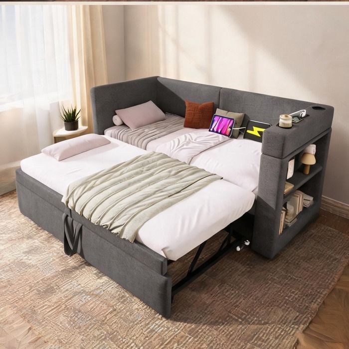 Canapé-lit gigogne en lin mélangé gris froid 90x200 cm avec ports USB-C et porte-gobelets