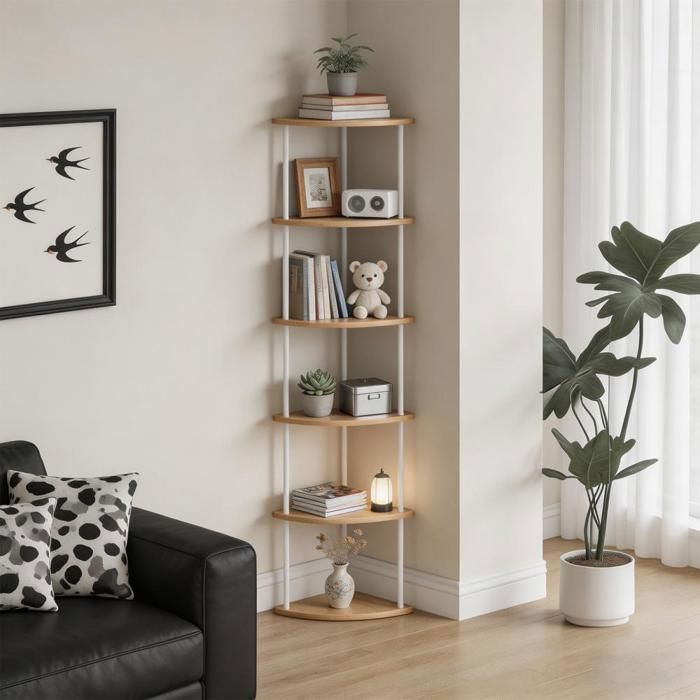 Étagère D’Angle 6 Niveaux - Mipan - 30×30×154cm - Finition Bois Érable Blanc-Charge Max 20kg - Pour Salon Chambre Bureau