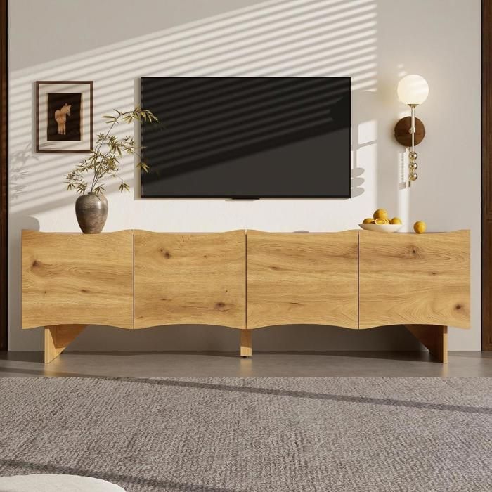 Meuble TV - KOMHTOM - design vagues - 155 cm - 4 portes - passe-câbles Meuble TV - KOMHTOM - design vagues - 155 cm - 4 portes - passe-câbles
