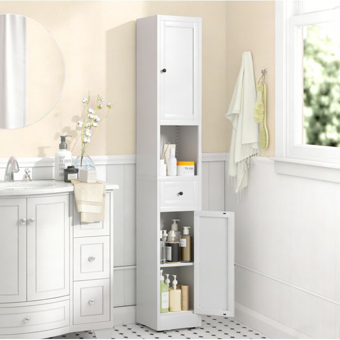 WOVREO Colonne de salle de bain en métal blanc 5 niveaux 2 portes étagères réglables 30 x 30 x 180 cm