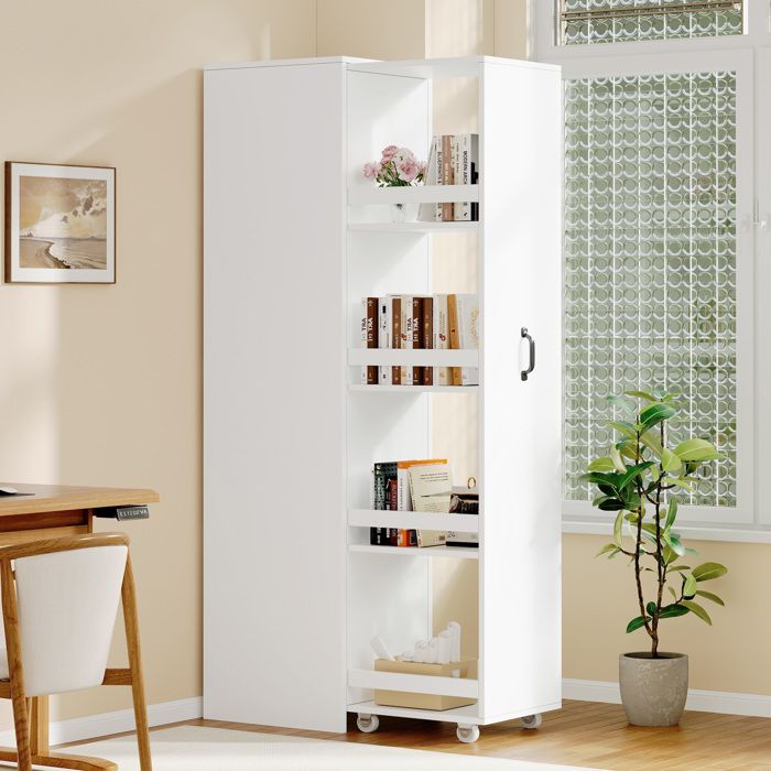 Bibliothèque étroite avec roulettes 40 x 30 x 160 5 cm meuble de rangement blanc en MDF avec porte