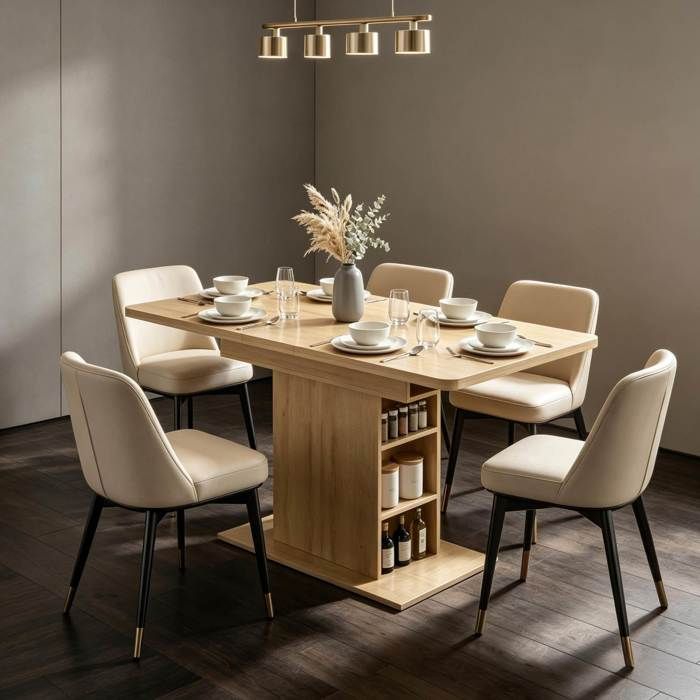 ELVORIN Table à manger extensible rectangulaire 110 x 70 x 75 cm pour 4 à 6 personnes MDF rangement intégré aspect bois naturel