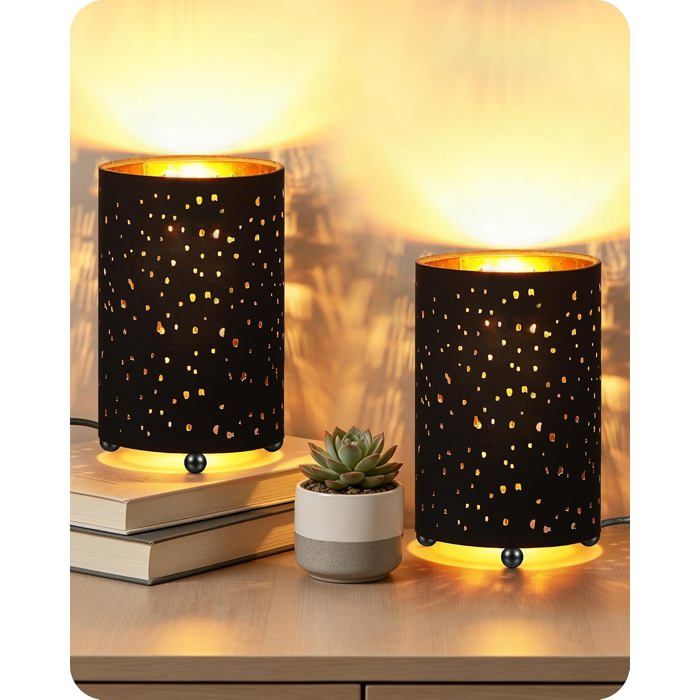 Lot de 2 lampes de chevet vintage noires - ampoule LED 4W E27 2400K incluse abat-jour ajouré lampe de table 13 x 13 x 20 5 cm