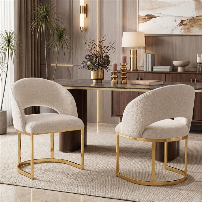 2 chaises salle à manger élégantes : revêtement boucle beige pieds or style moderne et ergonomique 2 chaises salle à manger élégantes : revêtement boucle beige pieds or style moderne et ergonomique