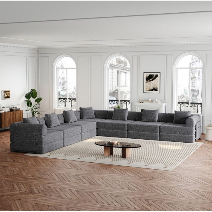 Canapé modulable convertible en lit 6 places 274 x 183.8 x 69.8 cm chenille gris avec rangement JOINERY