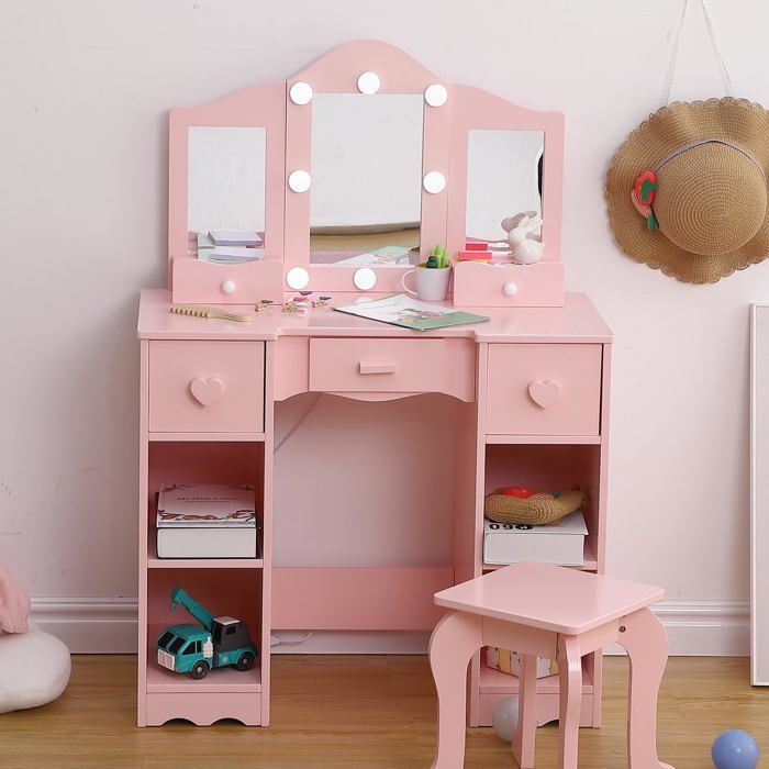 Coiffeuse enfant en bois avec miroir LED détachable tabouret 5 tiroirs 4 compartiments - Table maquillage rose