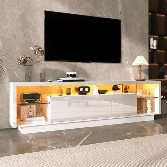 Meuble TV LED - 200 cm - Blanc Brillant - 3 Portes - Niches en Verre Éclairage Multicolore