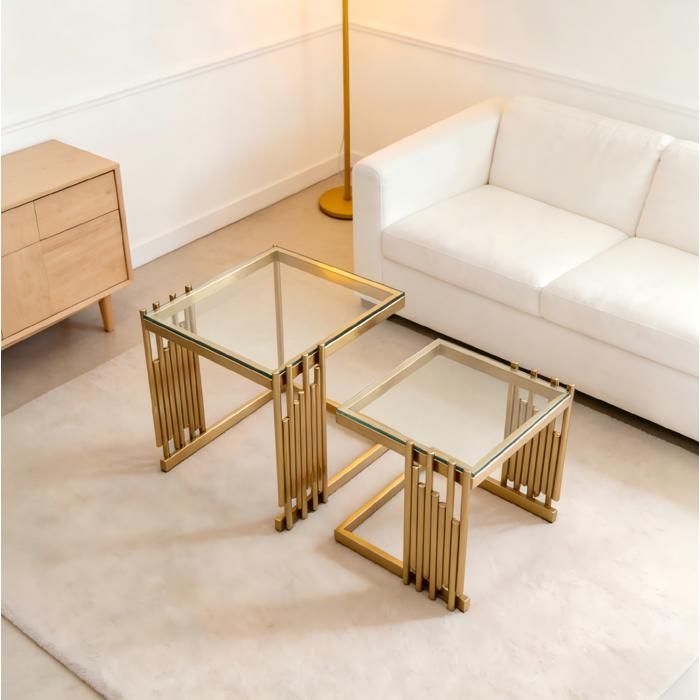 Table gigogne – lot de 2 – carrée – verre trempé – acier inoxydable doré