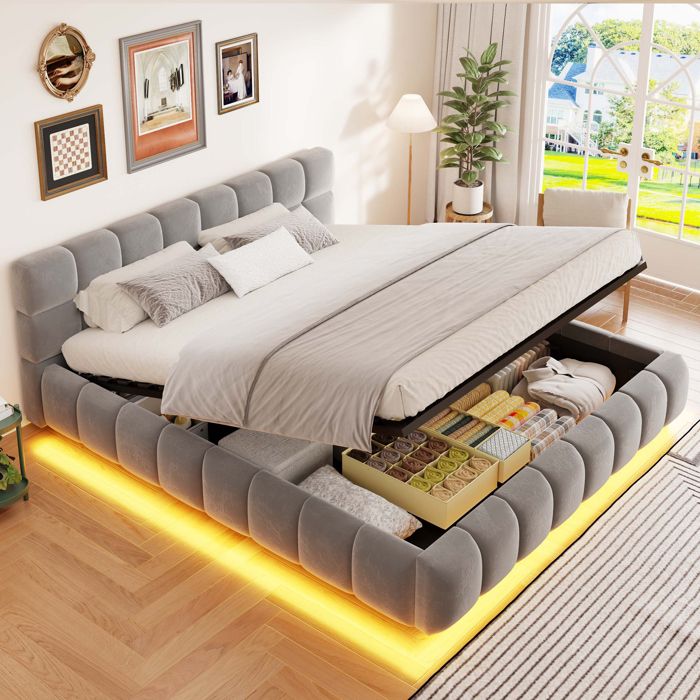 Lit double capitonné 160x200cm lit coffre avec éclairage LED intégré lit coffre rangement hydraulique sommier à lattes velours gris
