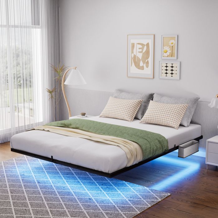 Lit flottant en métal 140 x 200 cm avec éclairage LED sommier à lattes cadre robuste noir Lit flottant en métal 140 x 200 cm avec éclairage LED sommier à lattes cadre robuste noir