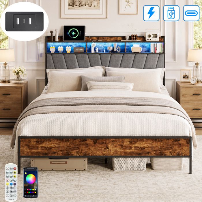 Lit Coffre 160 x200 cm avec LED et USB Tpye C -  Tête de Lit  avec Compartiment de rangement - Sommier à Lattes Métal - 2 Personnes