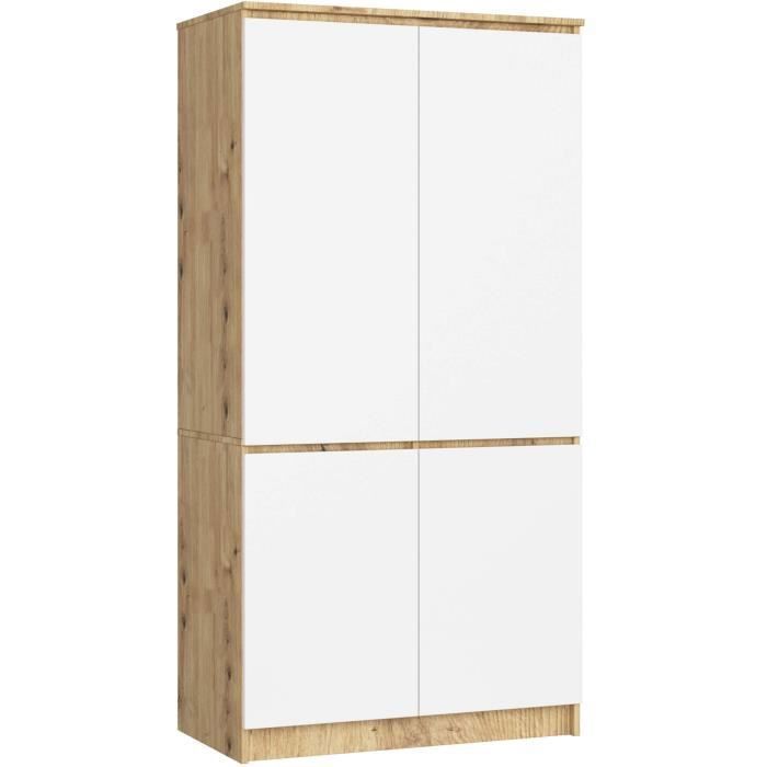 Armoire AKORD S90 Chêne Artisan 90 cm 4 portes façade Blanche 4 étagères 90x51x180 cm Armoire AKORD S90 Chêne Artisan 90 cm 4 portes façade Blanche 4 étagères 90x51x180 cm