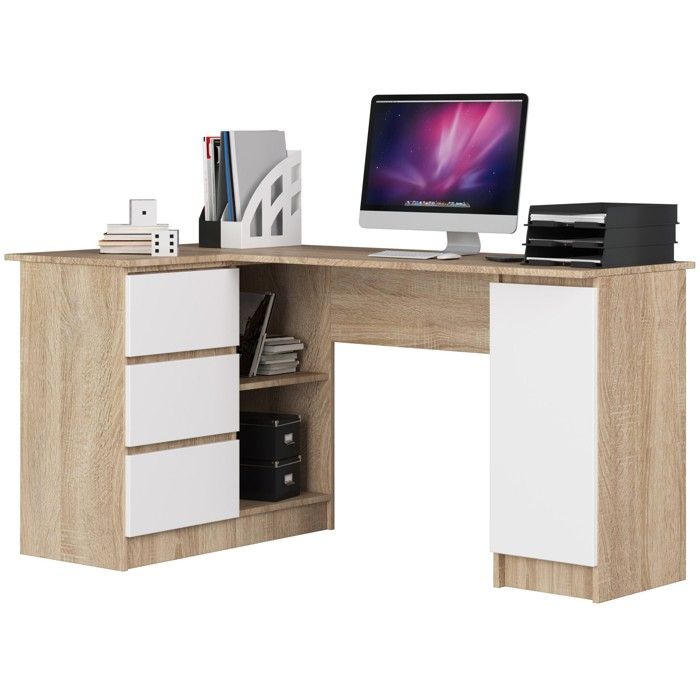 Grand bureau dangle AKORD gauche B20 Chêne Sonoma 155 cm 1 porte 3 tiroirs façade Blanche 4 étagères 155x85x77 cm Grand bureau dangle AKORD gauche B20 Chêne Sonoma 155 cm 1 porte 3 tiroirs façade Blanche 4 étagères 155x85x77 cm