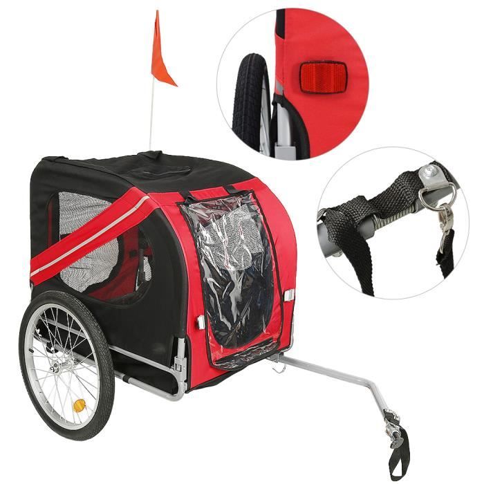 remorque de vélo pour chien pliable en acier et polyester imperméable - charge 40 kg - rouge et noir