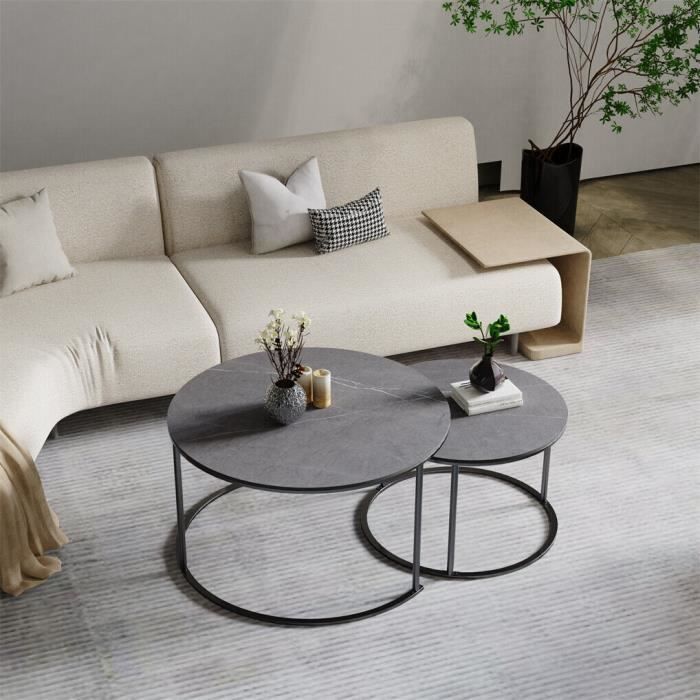 Lot de 2 Tables Basses Gigognes en Pierre Frittée et Métal - Effet Marbre Naturel - 80x45cm / 60x40cm - Gris