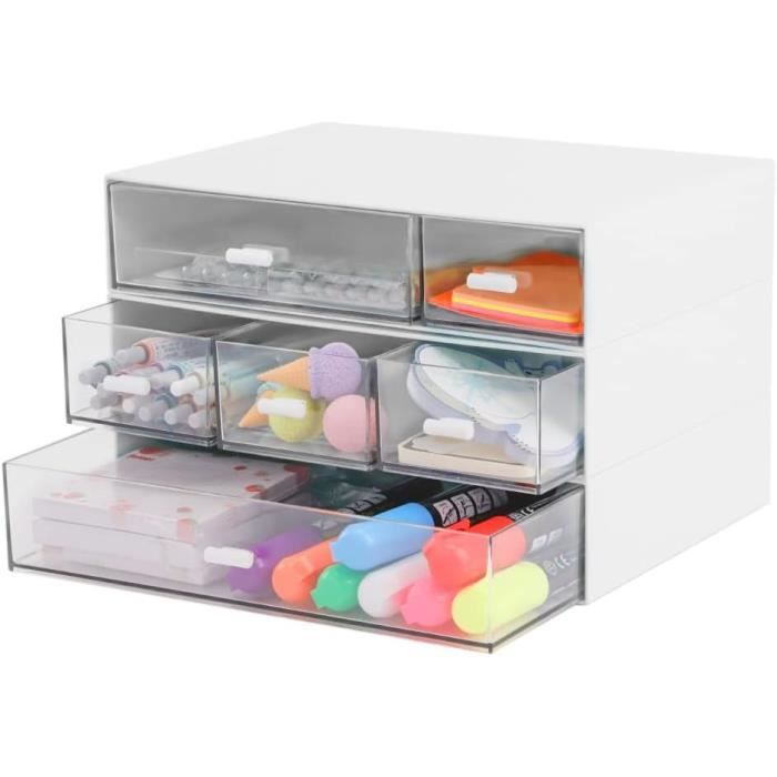 Rangement Bureau Organiseur Bureau Organisateur De Bureau Et Accessoires Avec 6 Compartiments Et 2 Tiroirs, Organisateur De Maquillage En Plastique, Porte-Stylo Rangement Bureau Organisateur (Color
