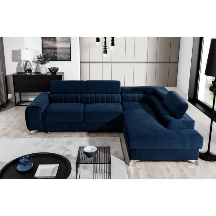 Canapé dangle convertible - LARRY VELOURS - en tissu Luxe bleu 5 places angle droit (vu de face)