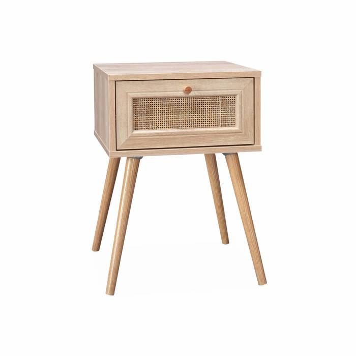 Table de chevet décor bois & cannage avec 1 tiroir - Bohème
