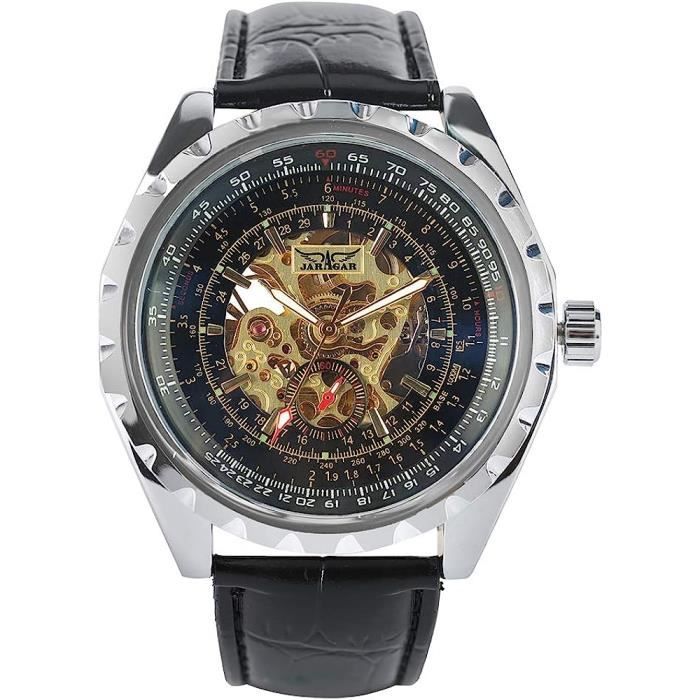 Montre Automatique Mécanique Homme Yoodeet - Cadran Squelette Noir Et Doré - Bracelet Cuir - 44 Mm - Neuf Avec Coffret