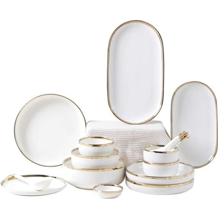 Service de table 56/60 pièces en porcelaine pour 10 à 12 personnes, assiette  et service, service de table pour pâtes, salade, plat principal, collation  et B (A) : : Maison