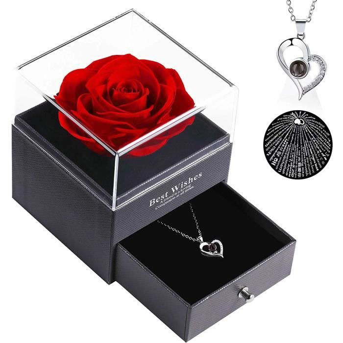 Vraie Rose Éternelle Préservée Avec Collier Cœur – Boîte Bijoux Tiroir – Cadeau Anniversaire Saint-Valentin Femme Mère