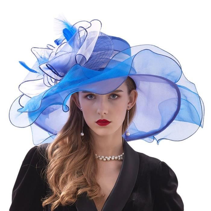 YONKINY Chapeau Église Derby Floral Femmes Mesdames Chapeau de Soleil Anti UV Organza Large Bord Bohemia Chapeau de Mariage pour Mariée Baptême Fête Soirée Robe
