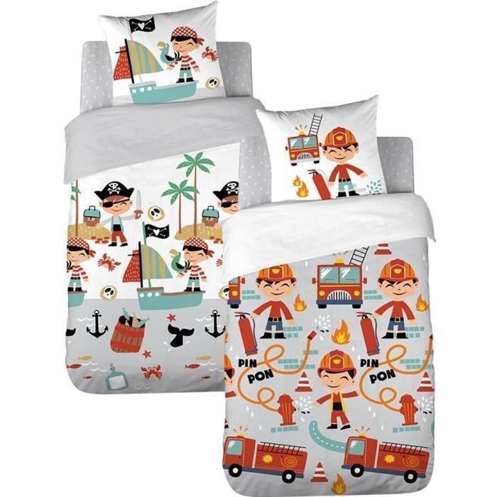 Parure de lit Enfant Réversible Pompier et Pirate Housse de Couette 140x200cm + 1 taie doreiller 63x53cm 100% Coton Bio* Parure de lit Enfant Réversible Pompier et Pirate Housse de Couette 140x200cm + 1 taie doreiller 63x53cm 100% Coton Bio*