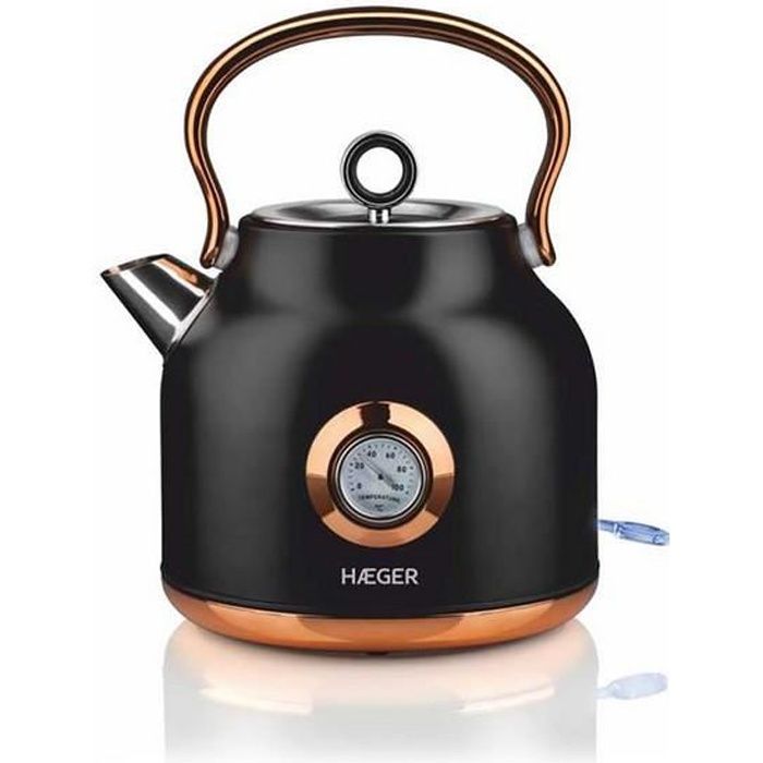 Théière Bouilloire Electrique Sans Fil Haeger Art Deco Noir Cuivre 2200W 1,7L Affichage Température Protection de Surchauffe