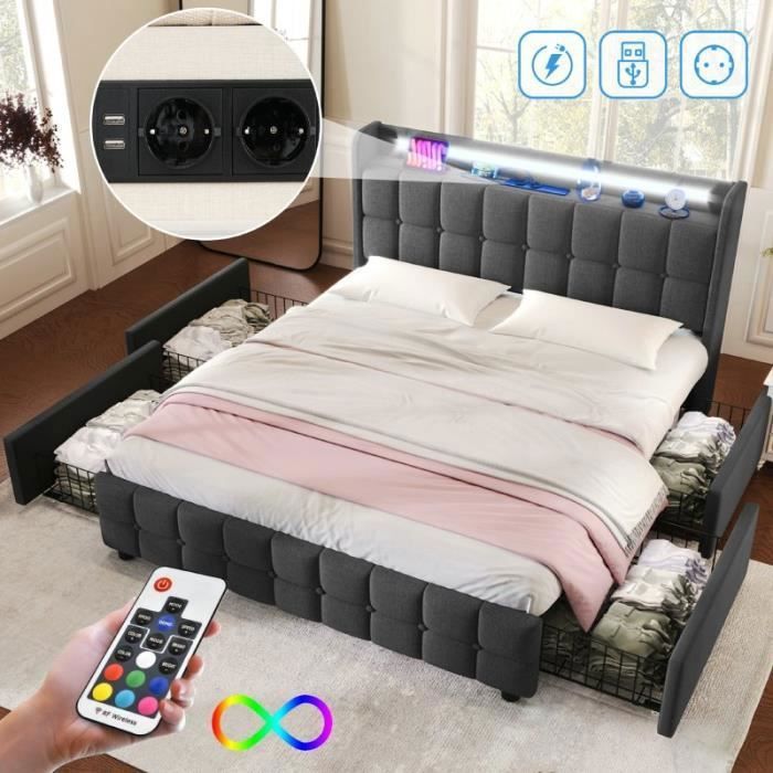 Lit double - VVBV - 160x200 - Sommier à lattes - 4 tiroirs - Ports USB & LED
