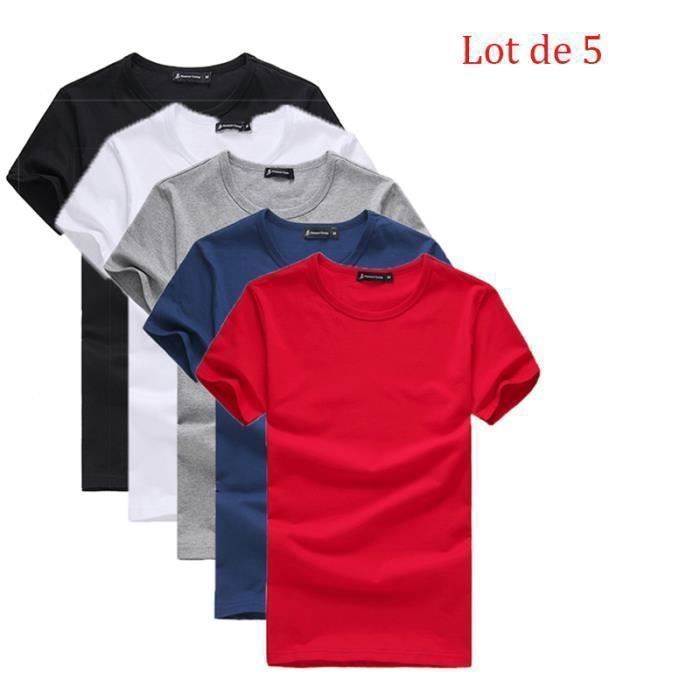 T shirt Homme Lot de 5 uni basique Tee shirt Hommes ras du cou 100 coton marin Noir blanc gris