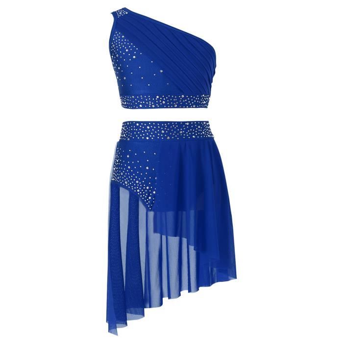 AISLOR Costume Danse Latine Enfant Fille Ensemble Danse Lyrique Spectacle Asymétrique Haute + Jupe-Culotte Danse Épaule Dénudée